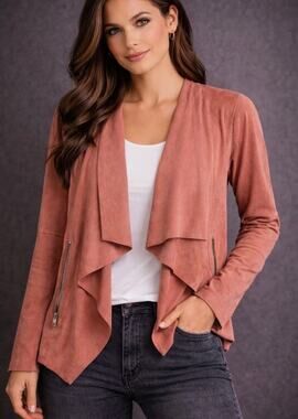Bagatelle Coral Pink Faux Suede Draped Jacket Medium Lightweight Zip Pockets